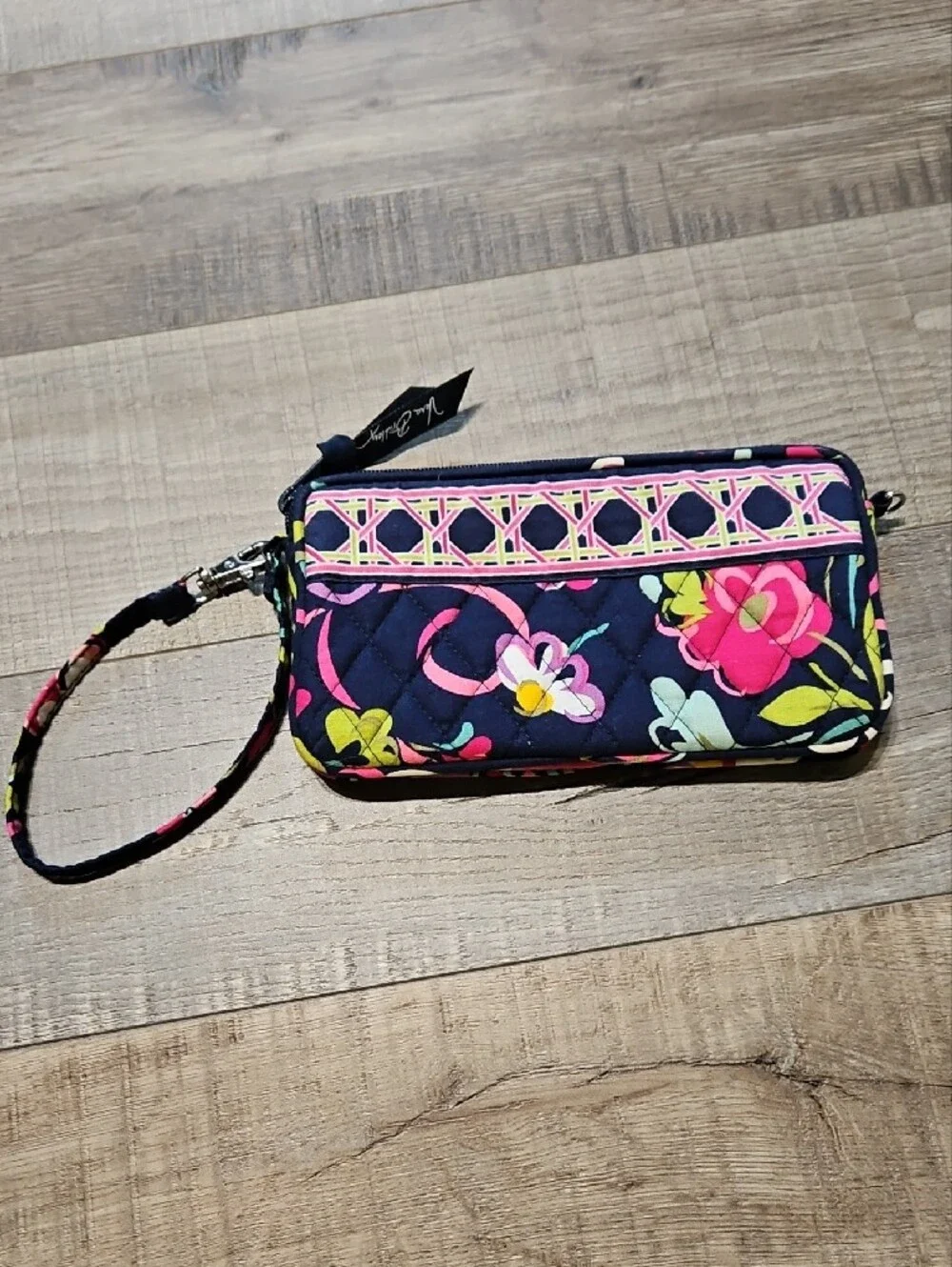 Vera Bradley Navy Quilted Floral Wristlet with Pink Trim - Picture 2 of 3